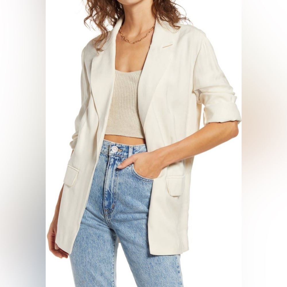 OPEN EDIT Unstructured Blazer Relaxed Fit One Button Closure in Ivory Women's M